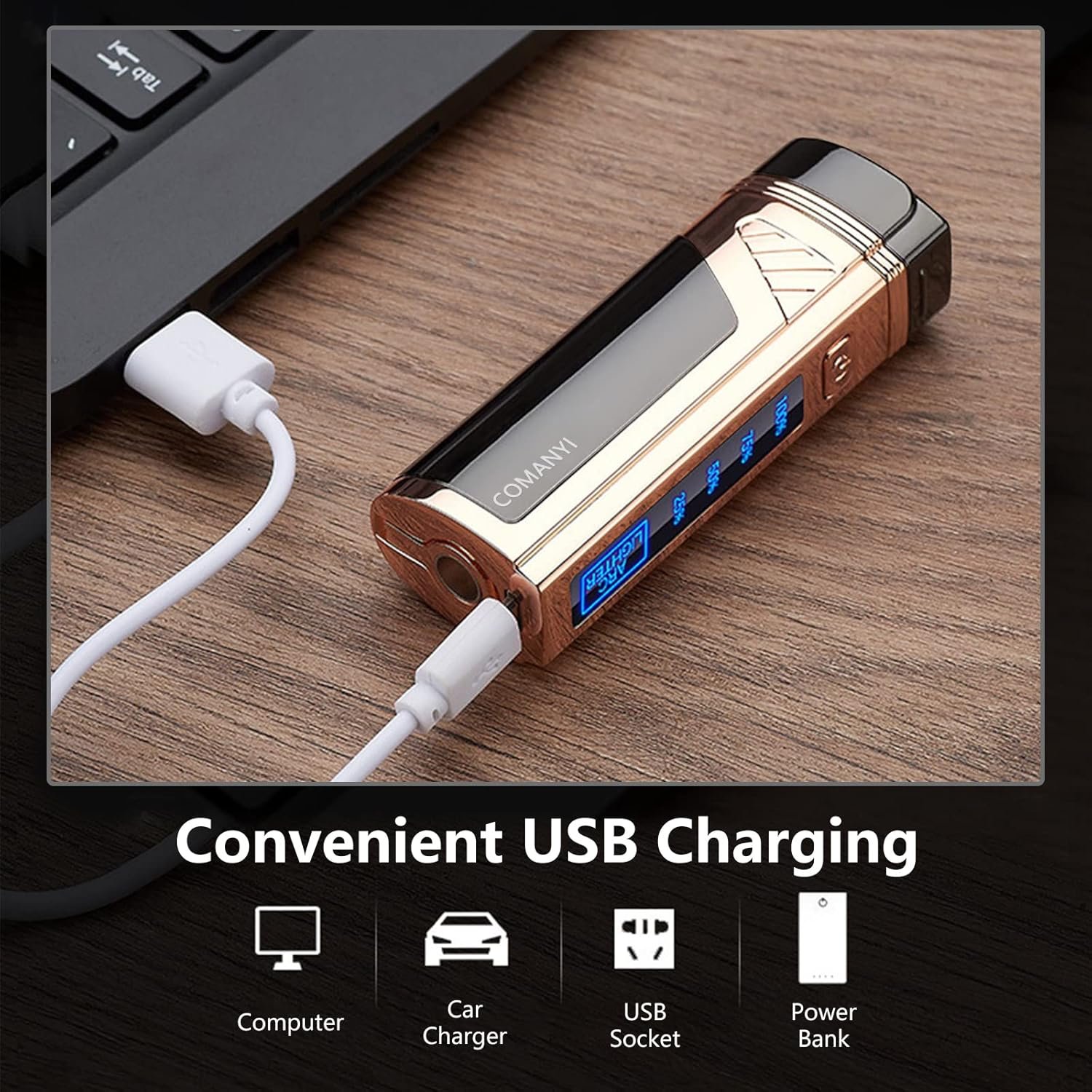 Encendedor COMANYI Recargable USB de Triple Arco mostrando su pantalla LED digital durante la carga
