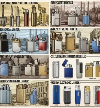 Colección de mecheros históricos y modernos mostrando la evolución desde encendedores de pedernal hasta mecheros electrónicos.