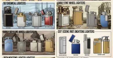 Colección de mecheros históricos y modernos mostrando la evolución desde encendedores de pedernal hasta mecheros electrónicos.