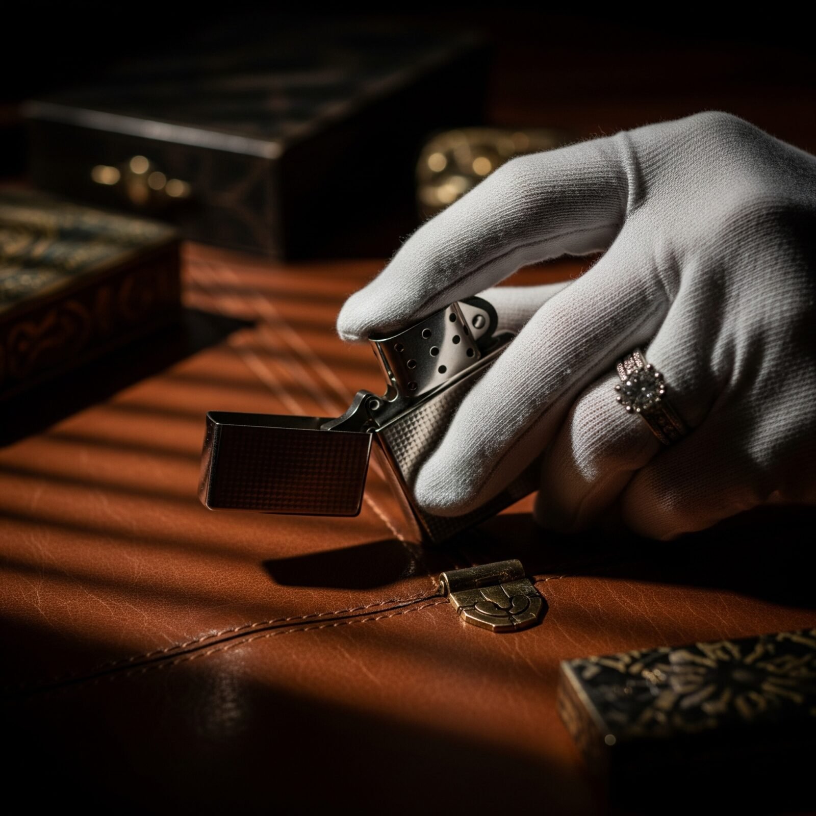 Primer plano fotorrealista de una mano con anillo sosteniendo delicadamente un mechero oculto sobre una superficie de cuero oscuro, con iluminación suave y dramática que realza las texturas y sugiere exclusividad y lujo.