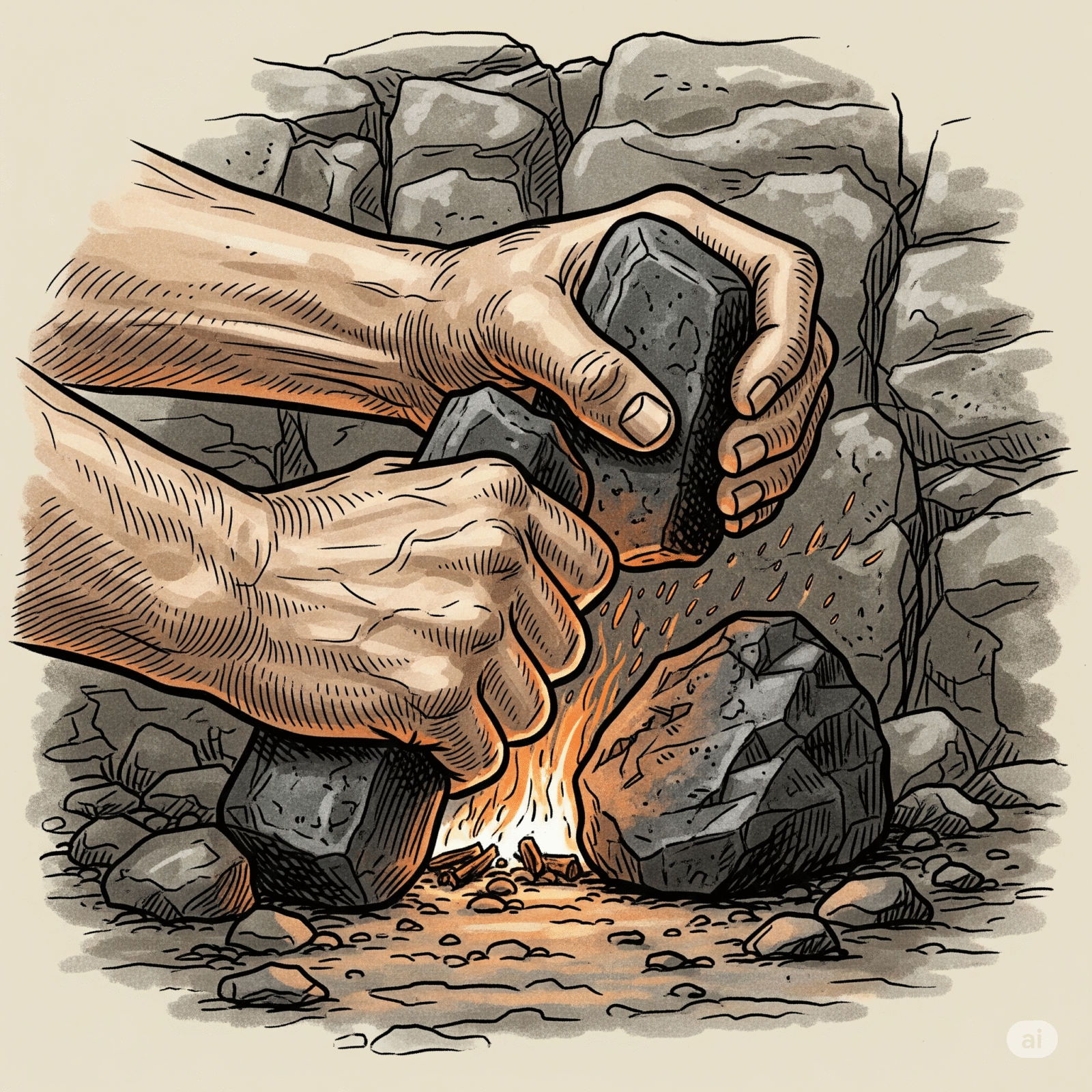 La historia de los mecheros comienza con una mano primitiva encendiendo fuego frotando piedras o sílex, fondo rústico.