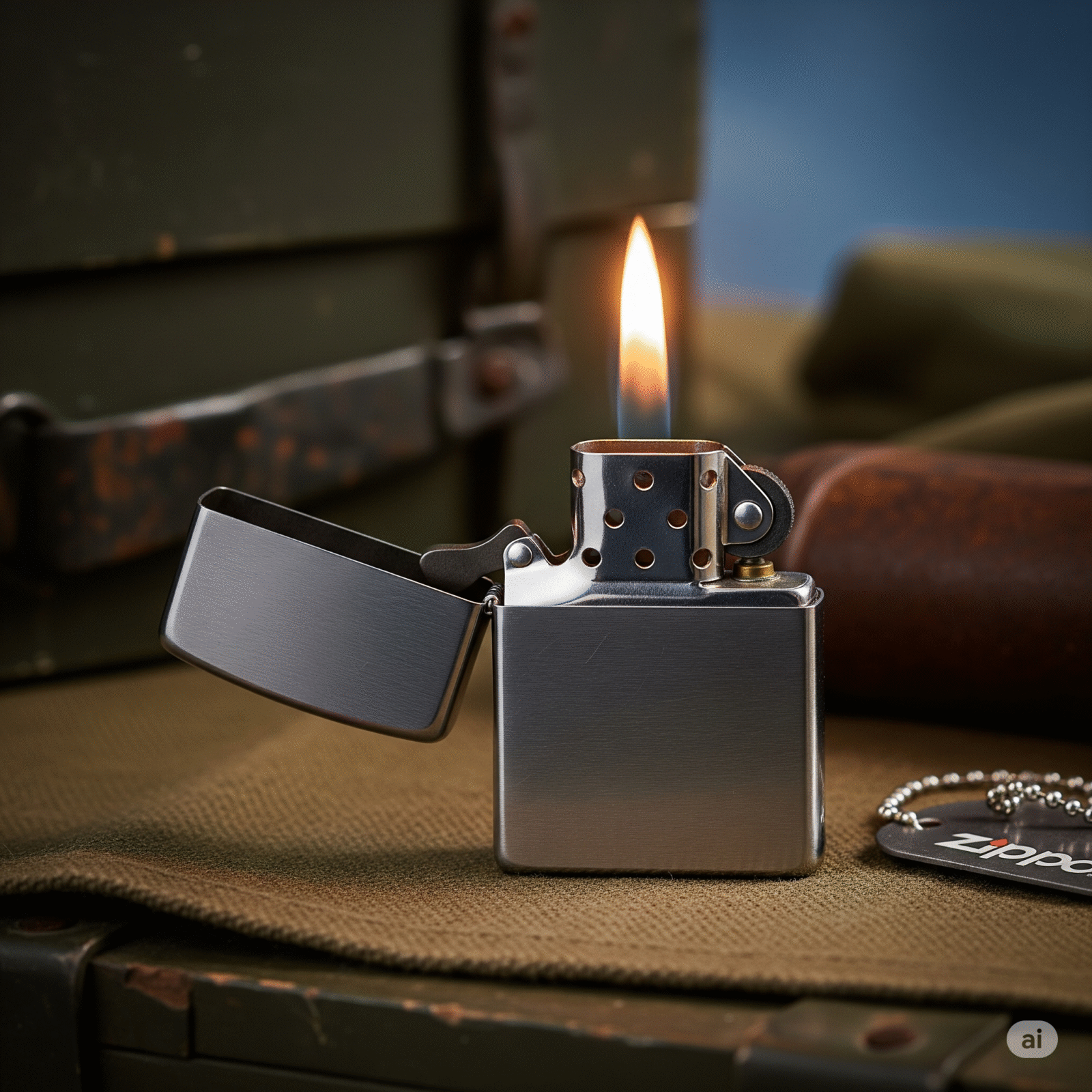 Un mechero Zippo clásico abierto mostrando su llama, en un entorno vintage o militar.