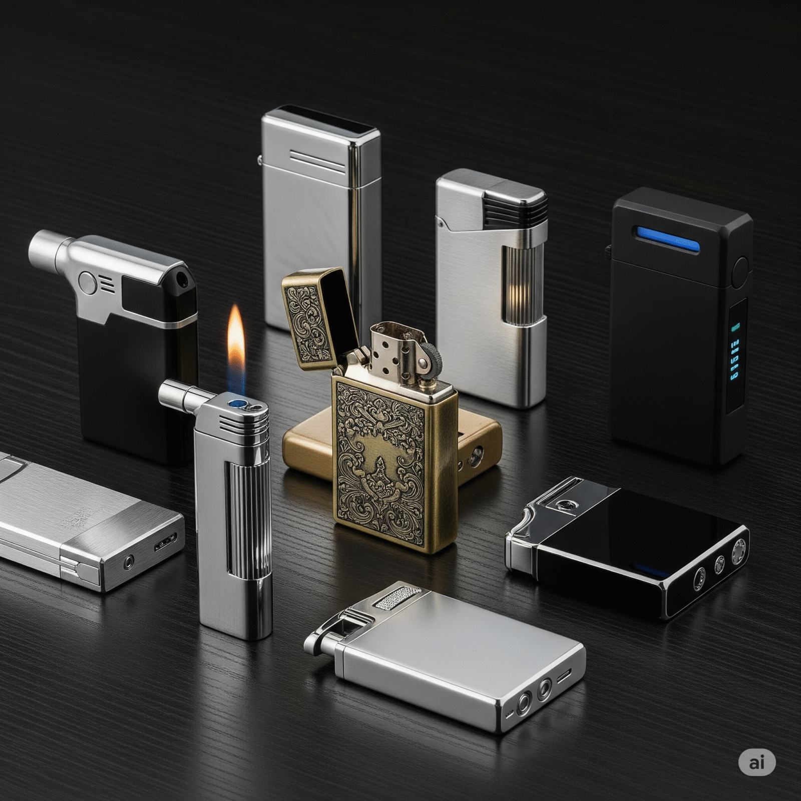 Una colección diversa de mecheros elegantes de diferentes tipos y materiales, dispuestos estéticamente sobre una superficie sofisticada, representando elección y variedad.