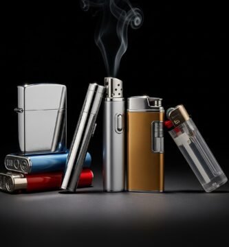 Variedad de mecheros de lujo y encendedores premium en diferentes estilos y materiales, algunos con llama activa.