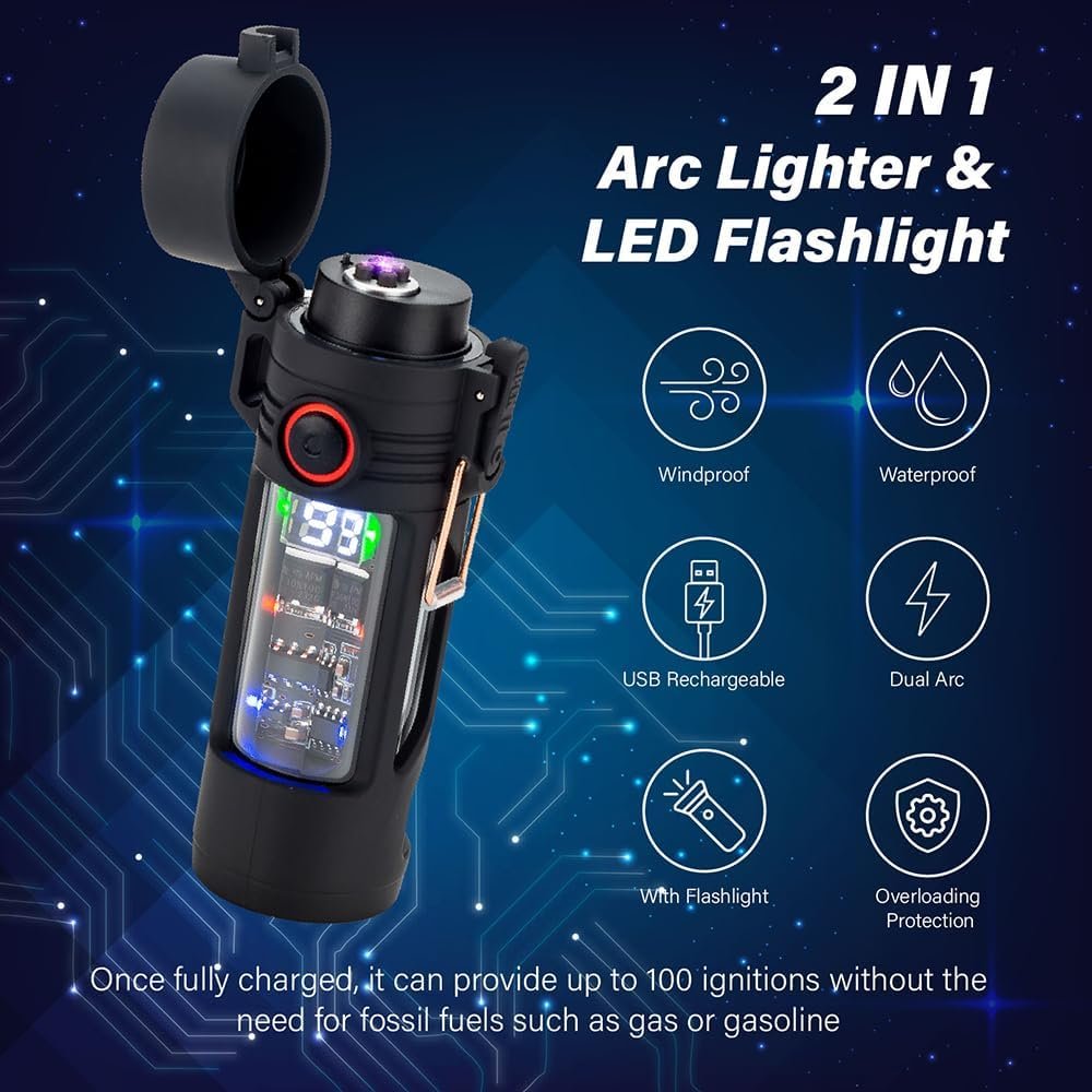 KALIMO Encendedor Plasma impermeable mostrando sus características principales como doble arco, resistencia al agua y viento.