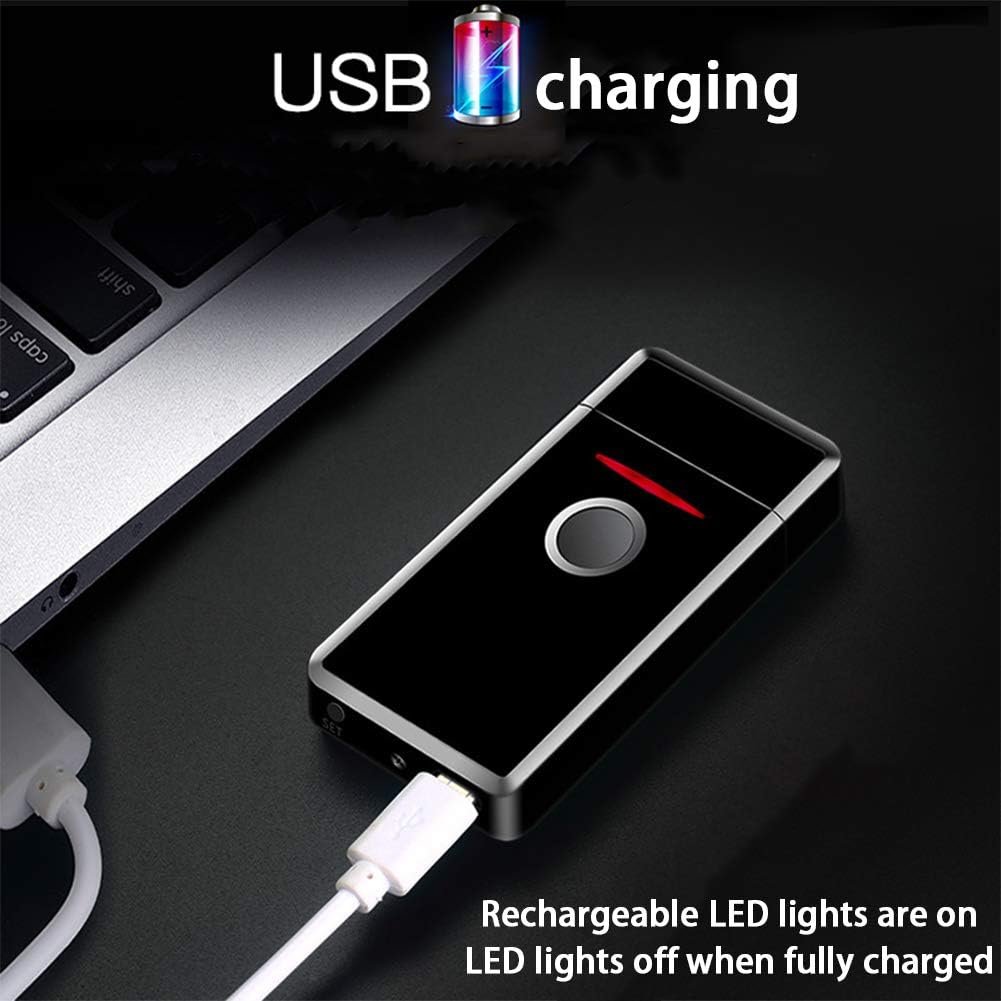 Encendedor AKT Huella Dactilar Negro conectándose a un cargador USB, mostrando indicador de carga