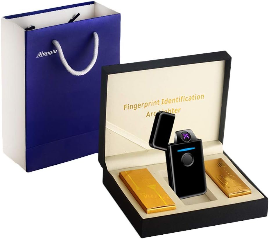 Encendedor AKT Huella Dactilar Negro presentado en su caja de regalo premium con bolsa de transporte