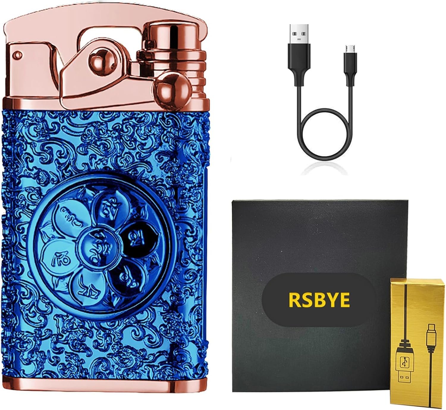 Vista frontal del mechero RSBYE en color azul con relieve floral, mostrando su diseño estético y el cable de carga USB incluido.