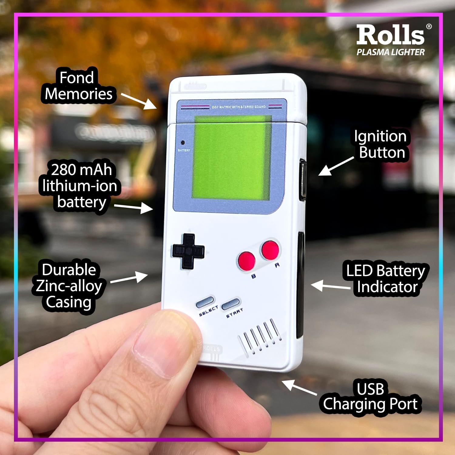 Desglose de características del Rolls Plasma Lighter, señalando botón de encendido, batería de 280 mAh, indicador LED y puerto USB.