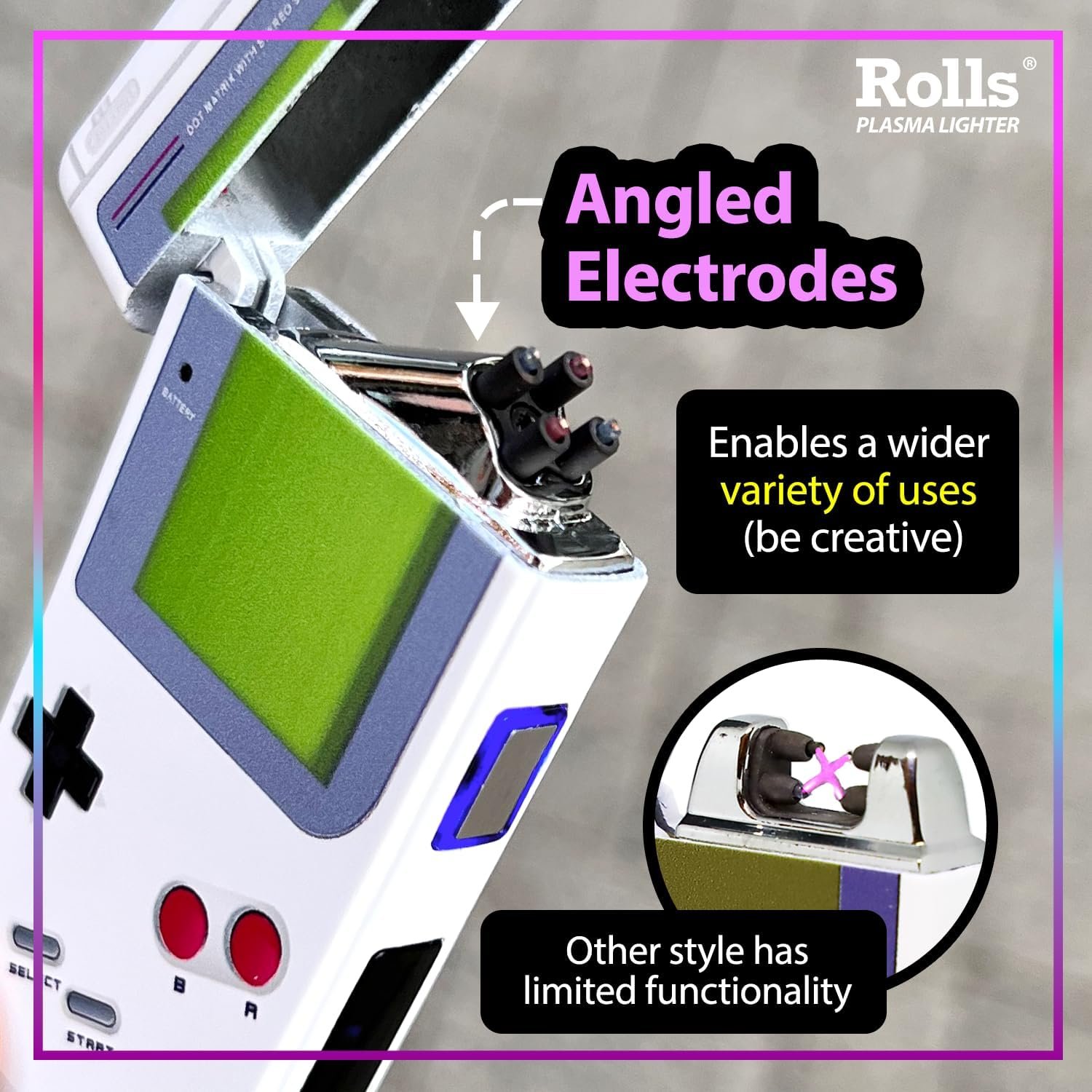 Encendedor Rolls Plasma Lighter mostrando sus electrodos angulados para mayor versatilidad de uso, comparado con otros diseños.