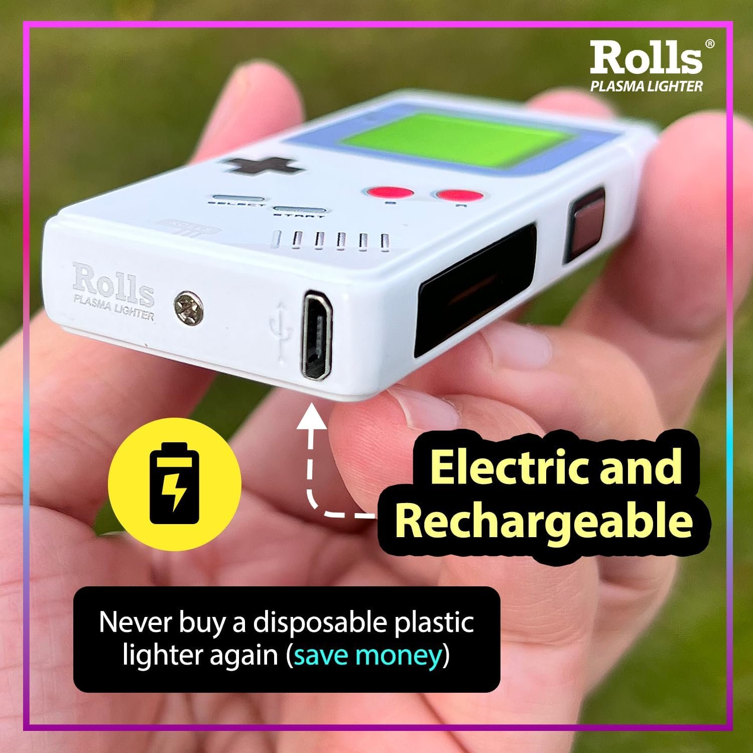 Parte inferior del Rolls Plasma Lighter mostrando el puerto de carga USB y el logotipo de la marca, enfatizando que es eléctrico y recargable.