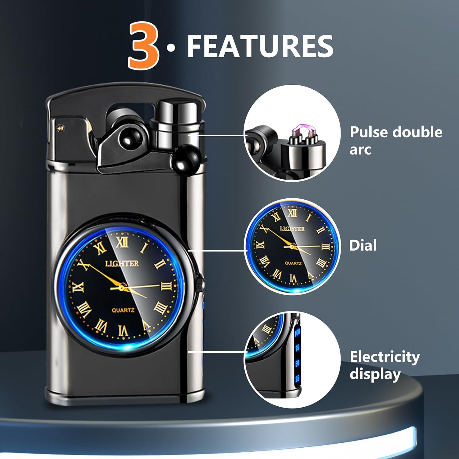 El mechero SKRFIRE mostrando sus 3 características principales: el arco de plasma pulsante, el dial del reloj y el indicador de batería LED.