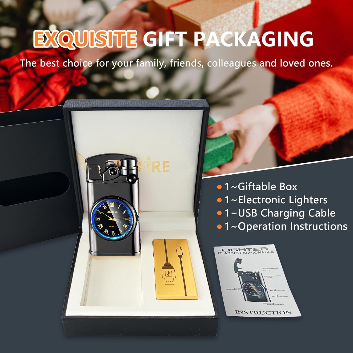 SKRFIRE Mechero de Plasma Recargable Doble Arco presentado en su elegante caja de regalo, junto con el cable USB y el manual de instrucciones, listo para regalar.