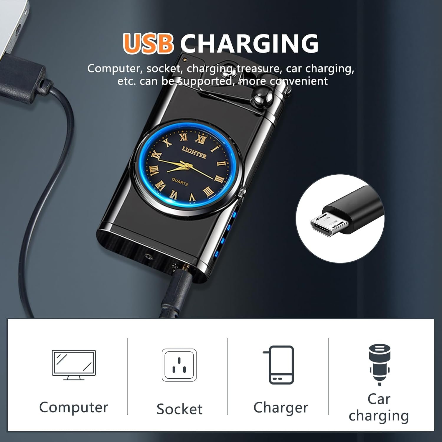 El mechero SKRFIRE conectándose a diferentes fuentes de carga USB como un ordenador, toma de corriente, power bank y cargador de coche.