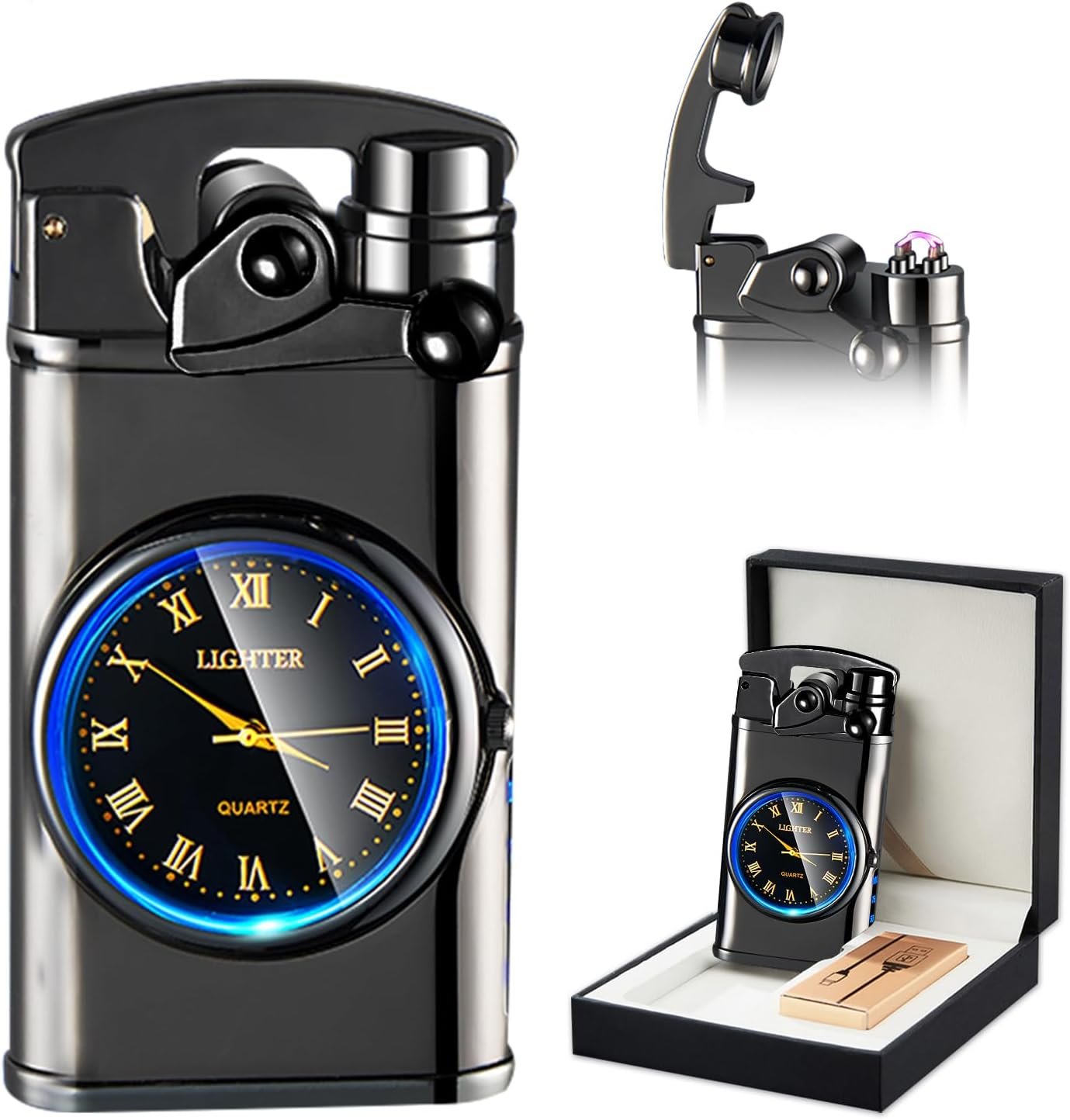 Vista frontal del mechero SKRFIRE en color negro con un reloj integrado, mostrando su diseño metálico de lujo.
