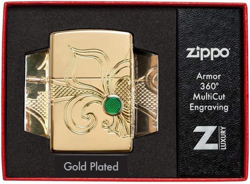 Zippo Flor de Lis Armor | Detalle del vibrante centro verde con incrustación de epoxi.