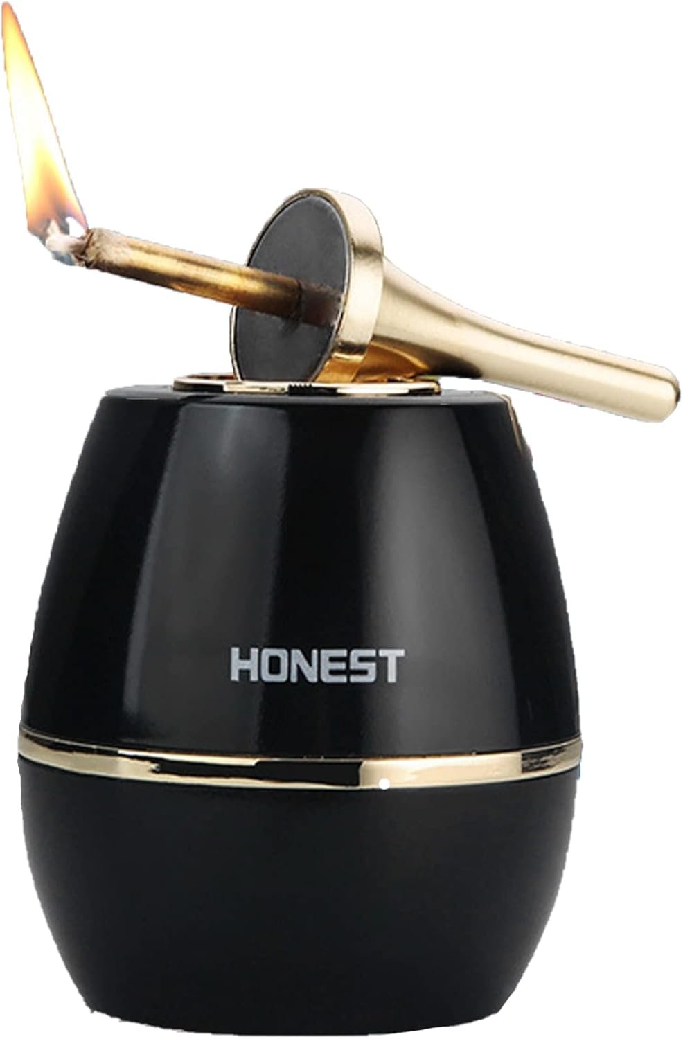 Primer plano del encendedor Honest 2 en 1, mostrando la llama de antorcha encendida y su diseño elegante.