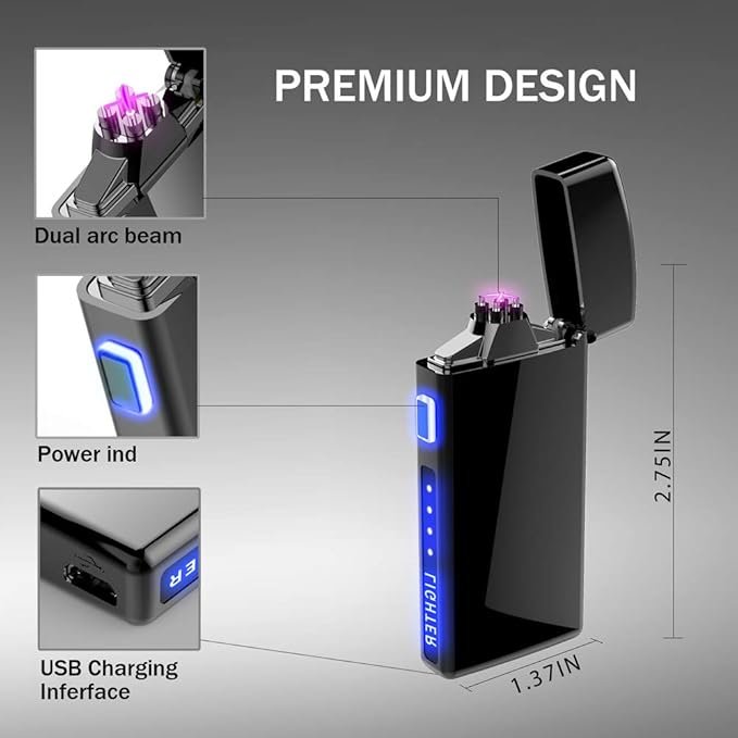 Encendedor iLevar con diseño premium, mostrando el doble arco, indicador de batería, puerto USB y dimensiones (2.75IN alto, 1.37IN ancho).