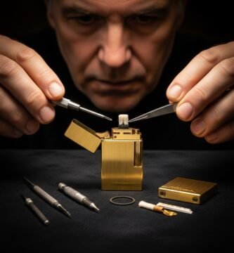 maestro curador realizando el mantenimiento o limpieza de un mechero de lujo dorado con herramientas de precisión.