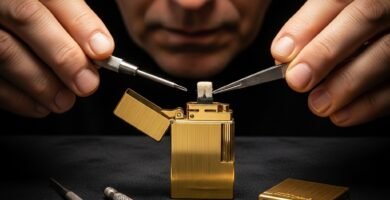 maestro curador realizando el mantenimiento o limpieza de un mechero de lujo dorado con herramientas de precisión.