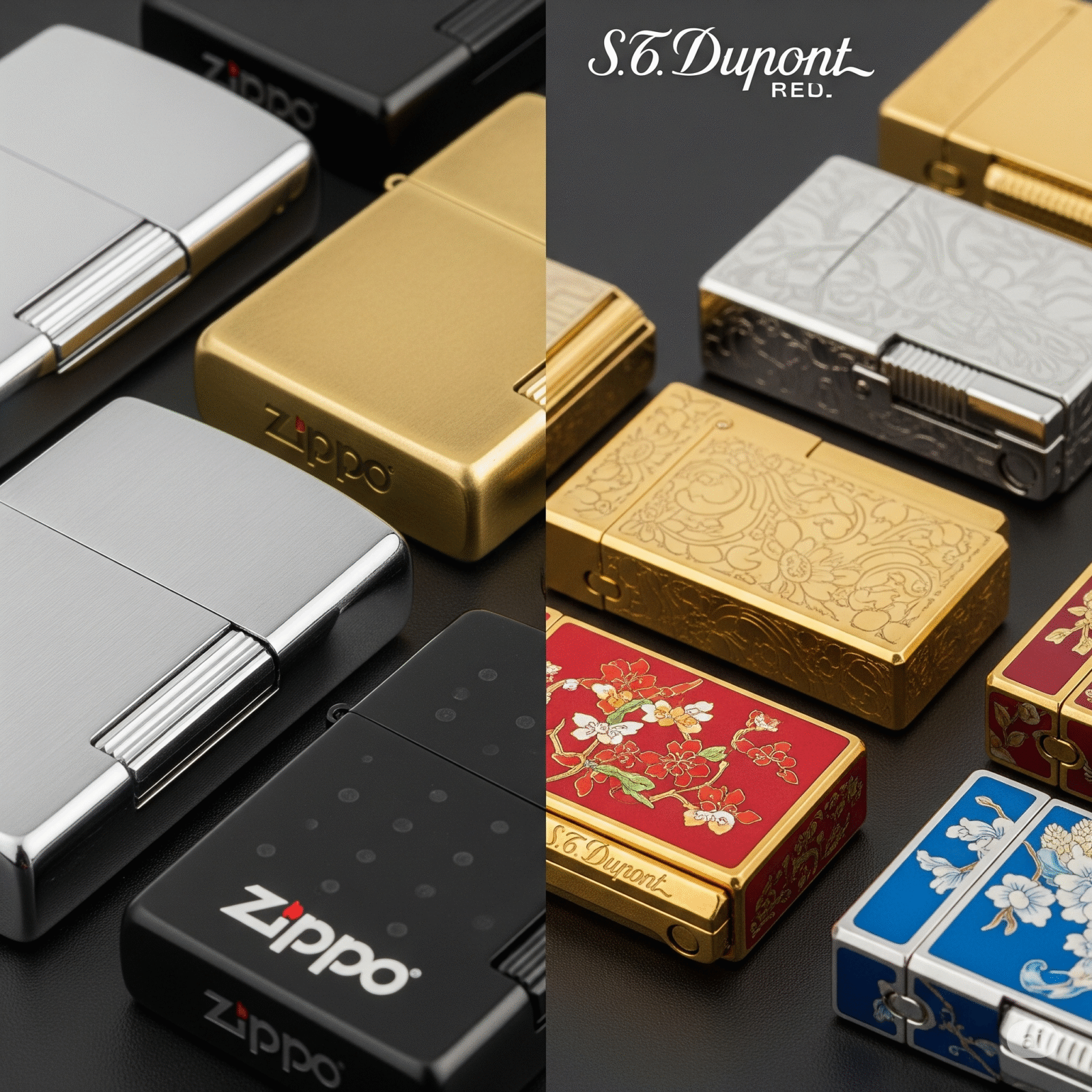 Una imagen dividida dramáticamente mostrando un mechero Zippo clásico con una llama robusta y un elegante mechero S.T. Dupont Ligne 2 con una llama refinada, simbolizando su duelo épico. Zippo vs ST Dupont
