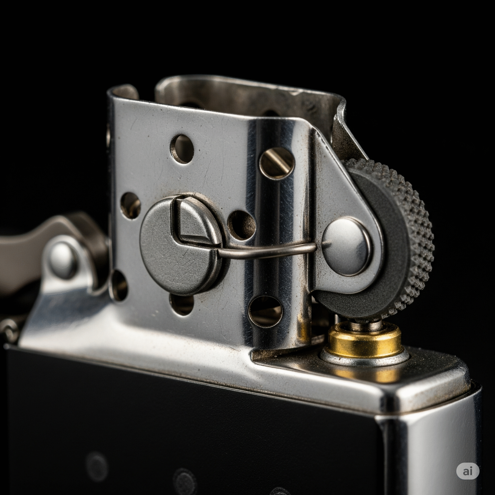 Primer plano del mecanismo interno de un mechero Zippo, destacando su construcción robusta y la rueda de pedernal, simbolizando su origen utilitario.